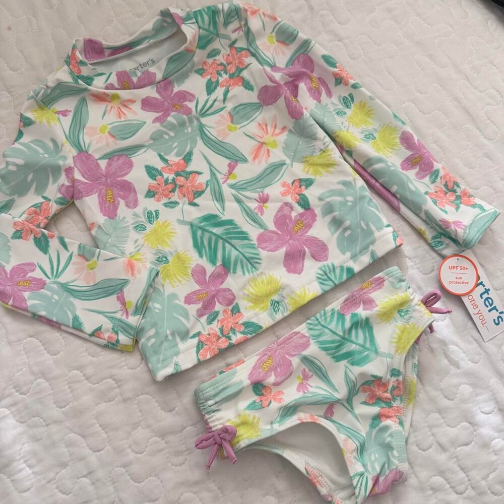 NWT Carters 2t girls floral swimsuit rashguard tankini hawaiian